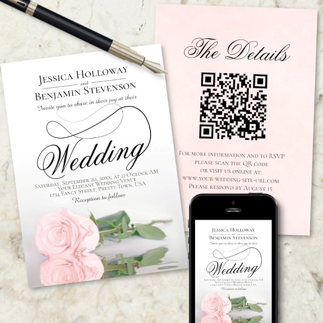 Elegant  Rosa ros Romantic QR-koden Bröllop Inbjudningar (Front/Back/Downloadable)