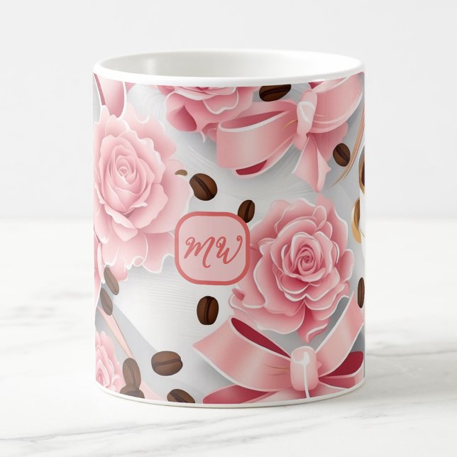 Elegant rosa ros, rosett band, bogar, monogram kaffemugg (Skapare uppladdad)