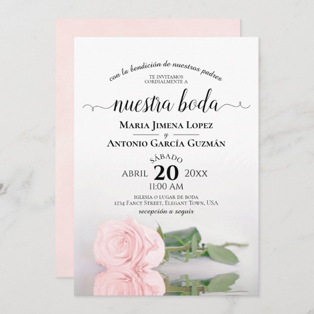 Elegant Rosa ros Spanska Nuestra Boda Bröllop Inbjudningar (Fram/baksida)