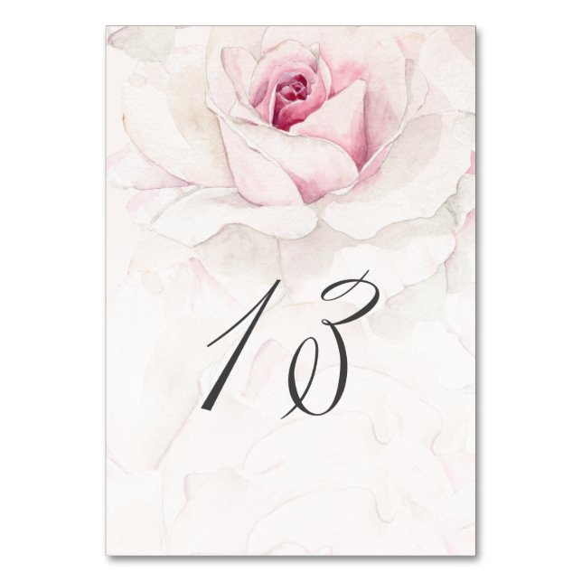 Elegant Rosa ros Vattenfärgad Blommigt nr 13 Bröll Bordsnummer (Framsidan)