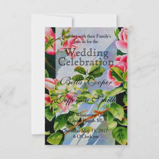 Elegant rosa ros vattenfärgsblommigt inbjudningar (Framsida)