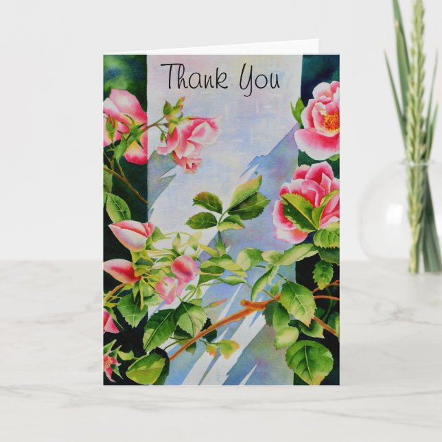 Elegant rosa ros vattenfärgsblommigt tack kort (Framsida)