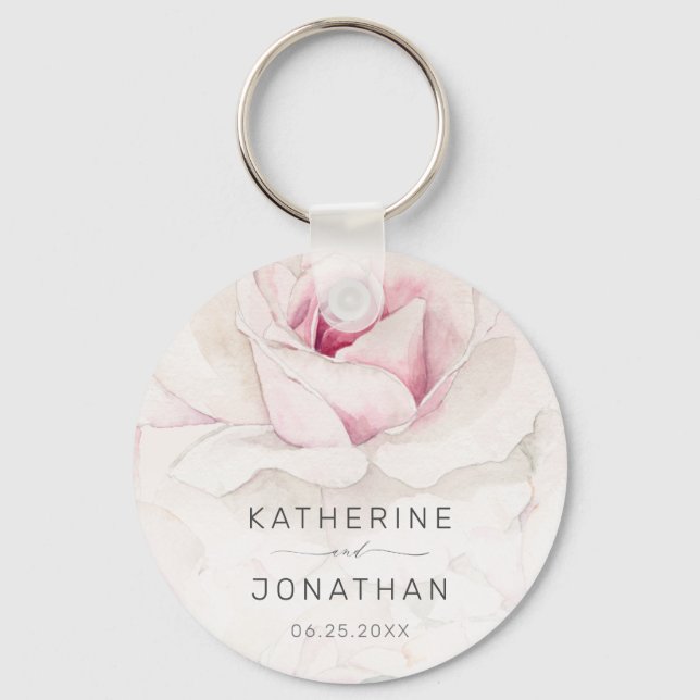 Elegant Rosa ros Watercolor Blommigt Bröllop Nyckelring (Framsida)
