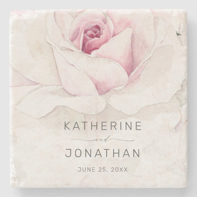 Elegant Rosa ros Watercolor Blommigt Bröllop Stenunderlägg (Framsidan)