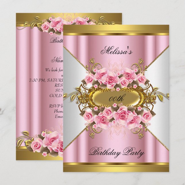 Elegant Rosa ros White Guld Födelsedagsfest Inbjudningar (Fram/baksida)