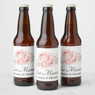 Elegant Rosa Rosa Blommig Nygift Bröllop Bina Ölflaska Etikett