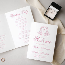 Elegant Rosa Rosa Blommig Vapen Monogram Bröllop Program