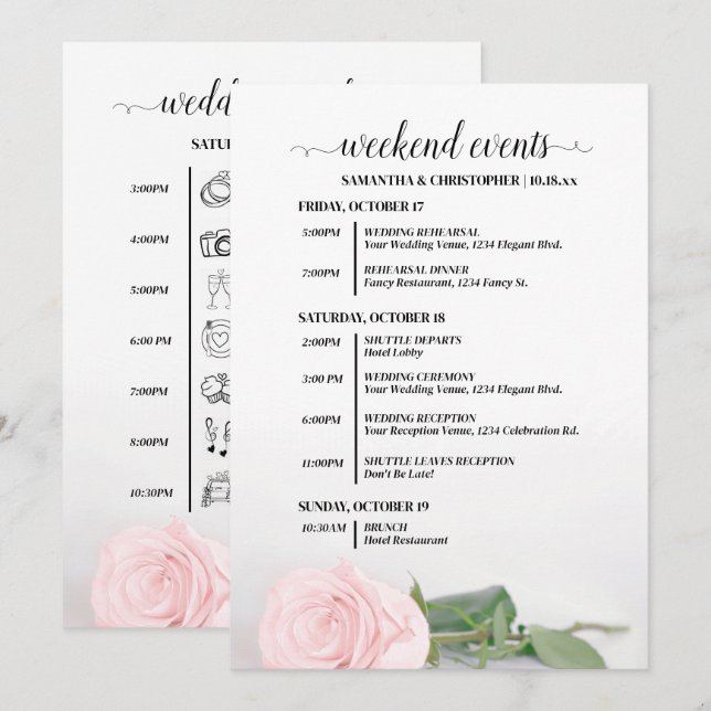 Elegant Rosa Rosa Bröllopshändelser & Tidslinje Program (Fram/baksida)
