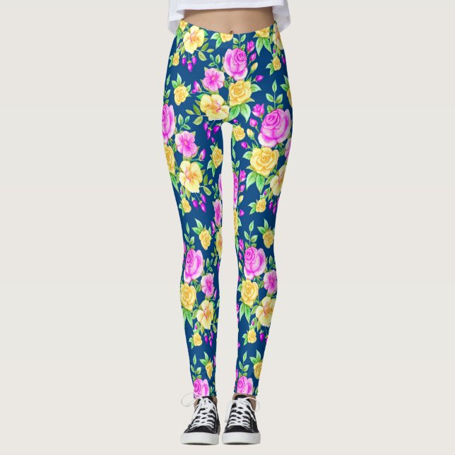 Elegant Rosa Rosa Gul Ros Blommönster Leggings (Framsida)