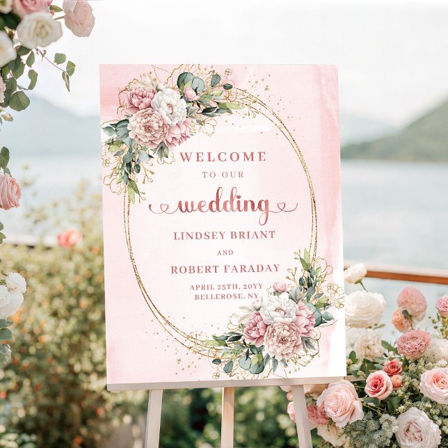 Elegant Rosa Rosa Guld Blommig Bröllop Välkommen Poster (Chic Blush Pink Rose Gold Floral Wedding Welcome

)