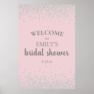 Elegant Rosa Rosa Silver Konfetti Bröllopsdusch Poster