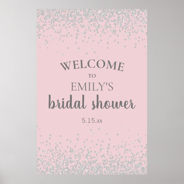 Elegant Rosa Rosa Silver Konfetti Bröllopsdusch Poster (Framsidan)