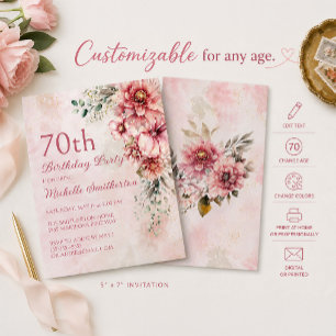 Elegant Rosa Rosa Vattenfärg Blommig 70-årsdag Inbjudningar