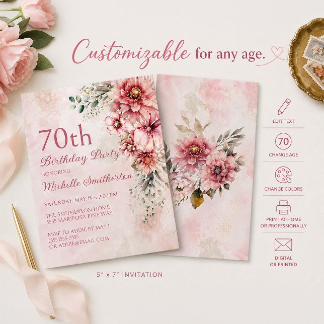 Elegant Rosa Rosa Vattenfärg Blommig 70-årsdag Inbjudningar (Pink floral 70th birthday invitation)