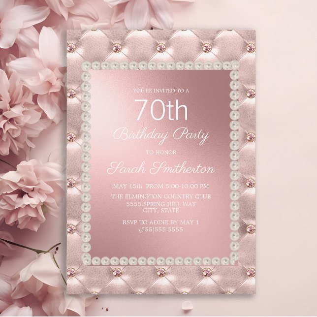 Elegant Rosa Rosa Vit 70-årsfest Inbjudningar (Elegant pink tufted women's 70th birthday party invitation)
