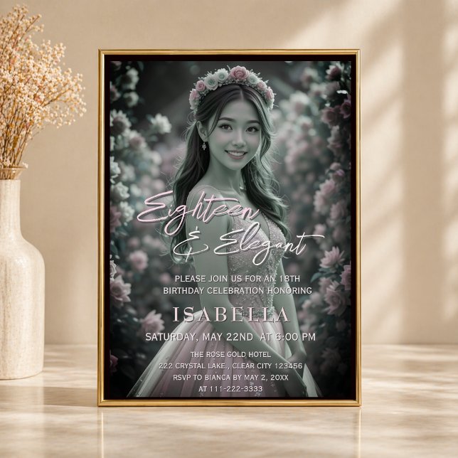 Elegant Rosa Rosaarton Foto Inbjudningar (Elegant blush pink 18th birthday invitation in gold frame with soft floral photo design)
