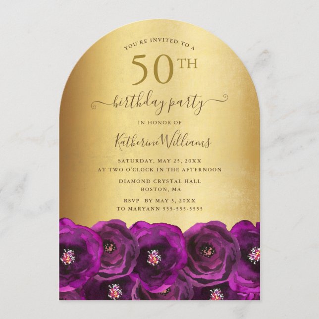 Elegant rosa rosblommig guld 50-årsfest inbjudningar (Framsida)
