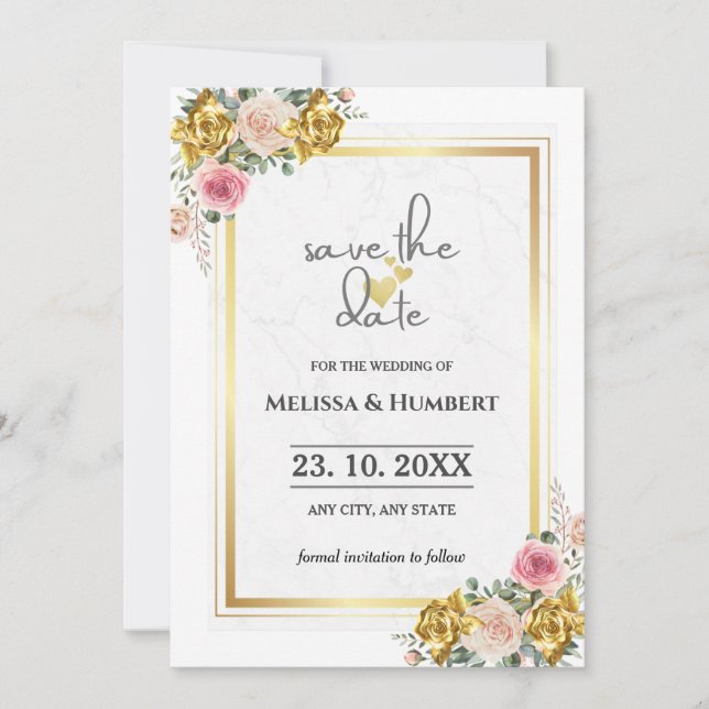 Elegant Rosa, Rose Gold Eucalyptus Blommig Bröllop Spara Datumet (Framsida)