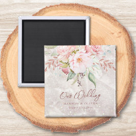 Elegant Rosa Rosé Peony Blommig Marmor Bröllop Magnet