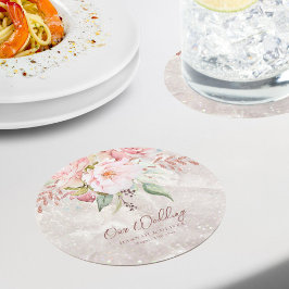 Elegant Rosa Rosén Peony Blommig Marmor Bröllop Underlägg Papper Rund