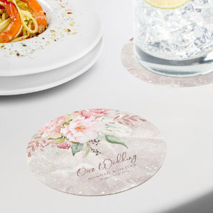 Elegant Rosa Rosén Peony Blommig Marmor Bröllop Underlägg Papper Rund
