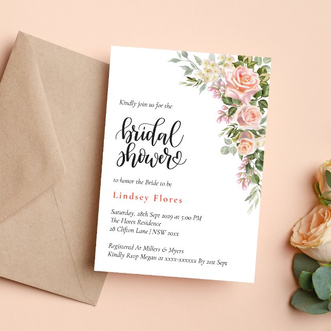 Elegant Rosa Rosenvattenfärg Blommig Bröllopsdusch Inbjudningar (Pink rose watercolor floral bridal shower invitation adds soft romantic charm to celebrations)