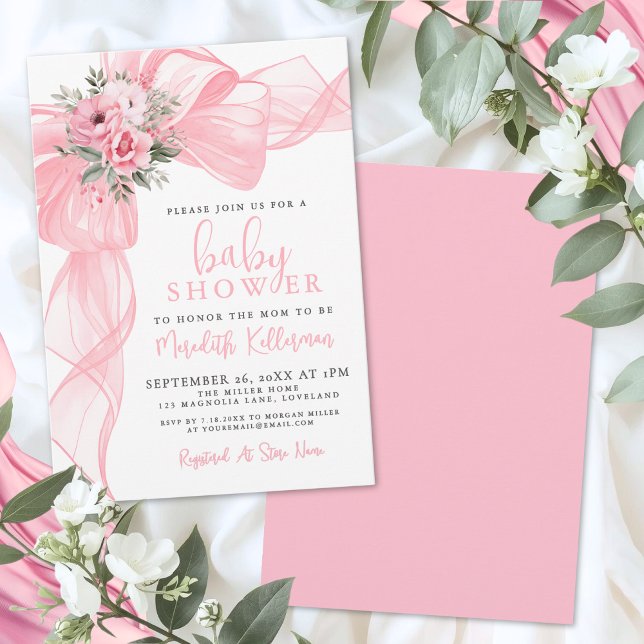 Elegant Rosa Rosett Baby Shower Inbjudningar (Elegant Pink Bow Baby Shower Invitation)