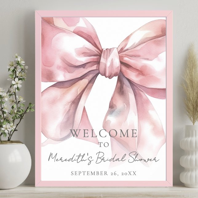 Elegant Rosa Rosett Bröllopsfest Välkomstskylt Poster (Elegant Blush Pink Bow Bridal Shower Welcome Sign)