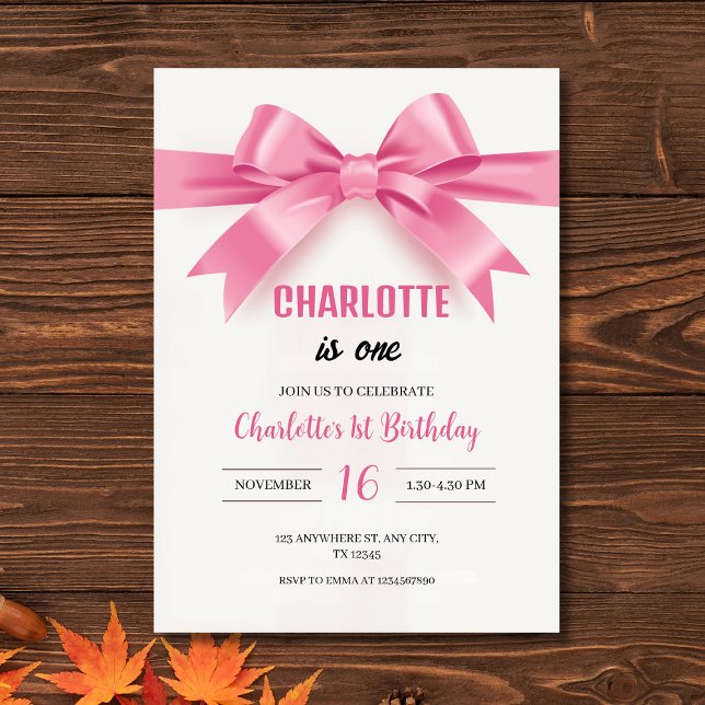 Elegant rosa rosett "Charlotte är ett" Första föde Inbjudningar (Elegant Pink Bow "Charlotte is One" First Birthday Invitation
)