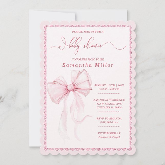 Elegant rosa rosett för flickor baby shower inbjudningar (Framsida)