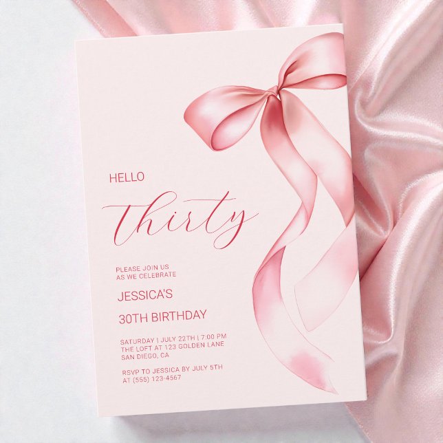 Elegant rosa rosett Hej trettio 30-års födelsedags Inbjudningar (Elegant Pink Bow Hello Thirty 30th Birthday Party Invitation)