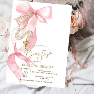 Elegant rosa rosett Pärlor Kors Dop Inbjudningar