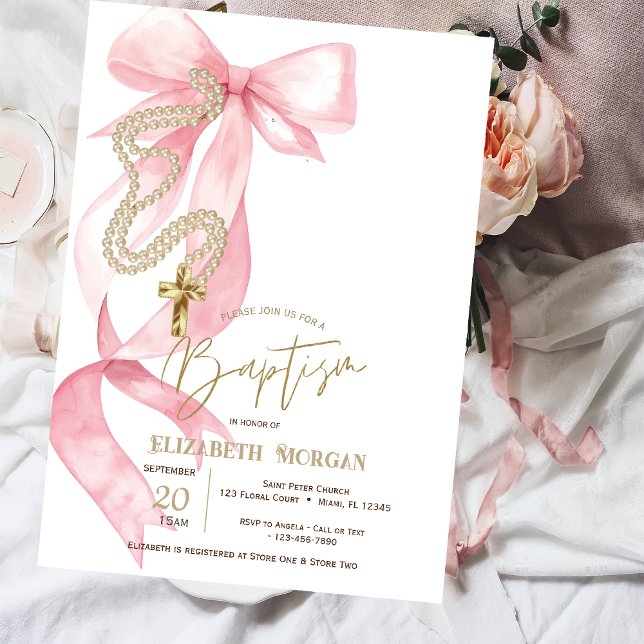 Elegant rosa rosett Pärlor Kors Dop Inbjudningar (Skapare uppladdad)