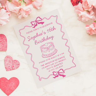Elegant rosa rosett & tårta Sweet 16 födelsedagsfe Inbjudningar