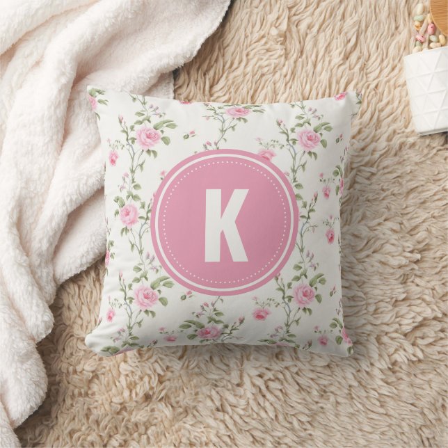 Elegant Rosa Rosor Blommönster Monogram Kudde (Filt)