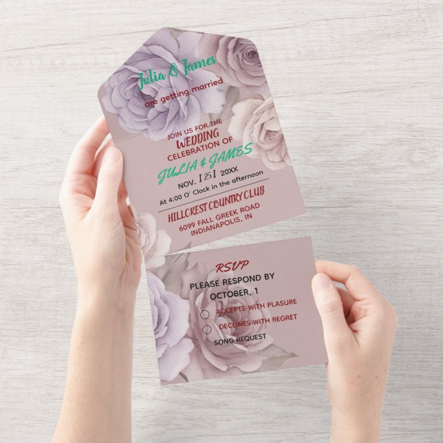 Elegant Rosa Rosor Bröllopsinbjudan och RSVP  (Avrivbar del)