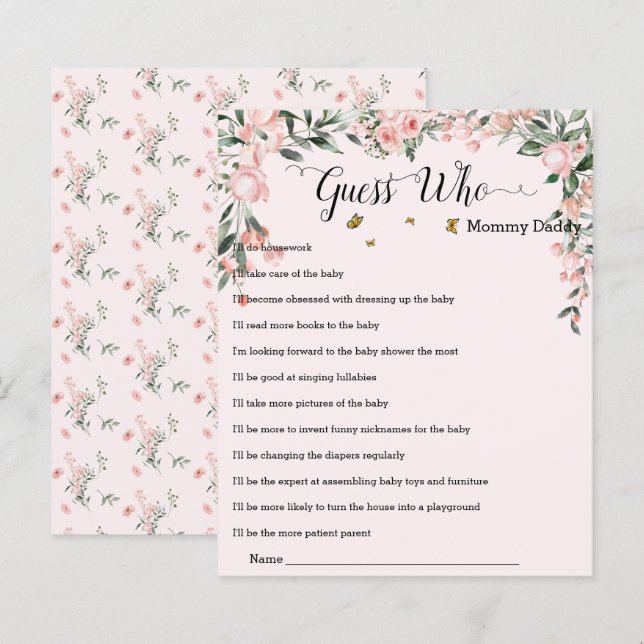 Elegant rosa rosor med fjärilar Gissa vem spel (Fram/baksida)