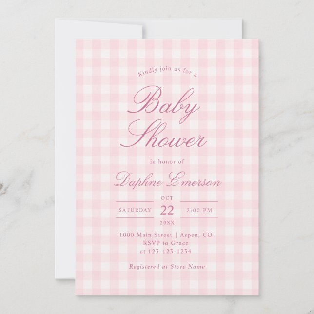 Elegant rosa rutig baby shower inbjudan (Framsida)