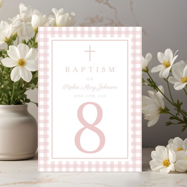 Elegant rosa rutig flicka dop bordsnummer (Elegant Pink Gingham Girl Baptism Table Number)
