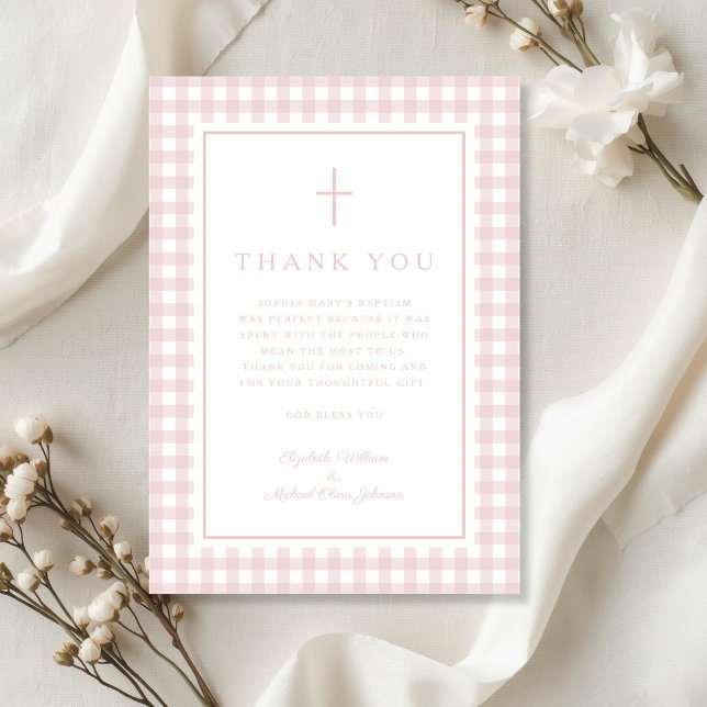 Elegant rosa rutig flicka dop tack kort (Elegant Pink Gingham Girl Baptism Thank You Card)