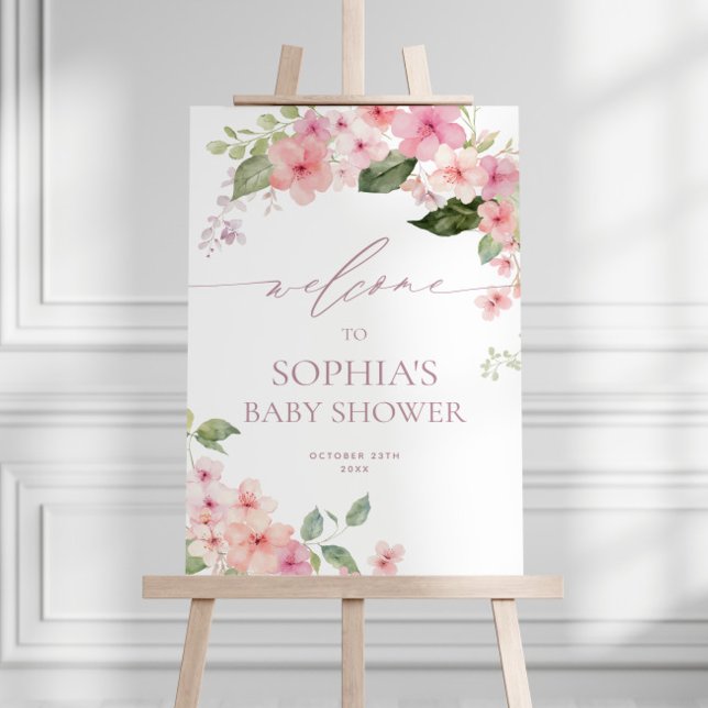 Elegant Rosa Sakura Flowers Baby Shower Välkommen Poster (Skapare uppladdad)