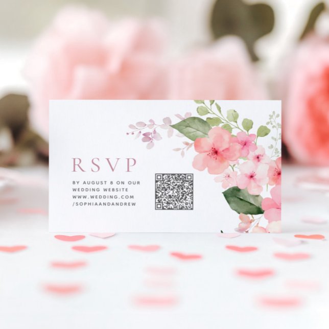 Elegant Rosa Sakura Flowers Bröllop QR Code OSA Tilläggskort (Skapare uppladdad)