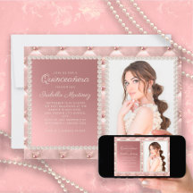 Elegant Rosa Satin Pearls Jewels Photo Quinceañera
