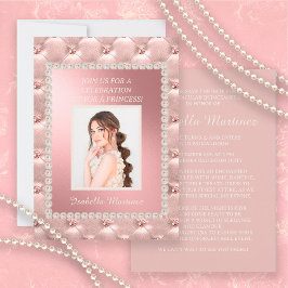 Elegant Rosa Satin Quinceañera Photo Pearls Inbjudningar