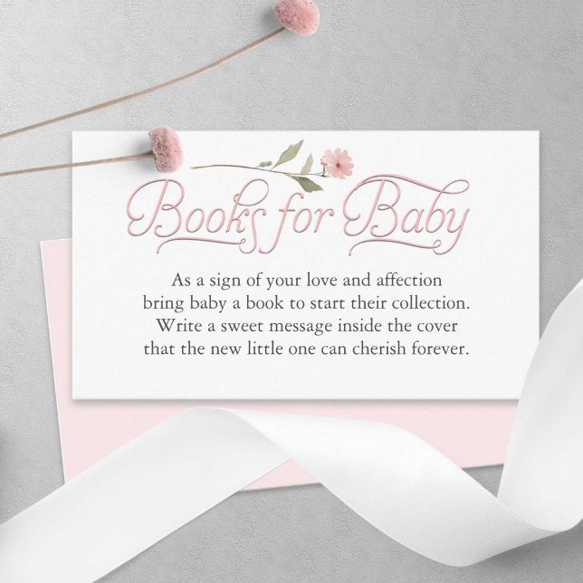 Elegant Rosa Script Bokar för Flicka Shower Tilläggskort (Books for baby, pink Elegant Wildflower Baby Girl shower enclosure cards.)
