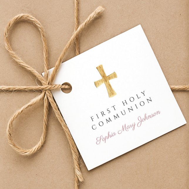 Elegant Rosa Script Kor First Communion Gåvor Etiketter (Elegant Pink Script Cross First Communion Favor Tags)