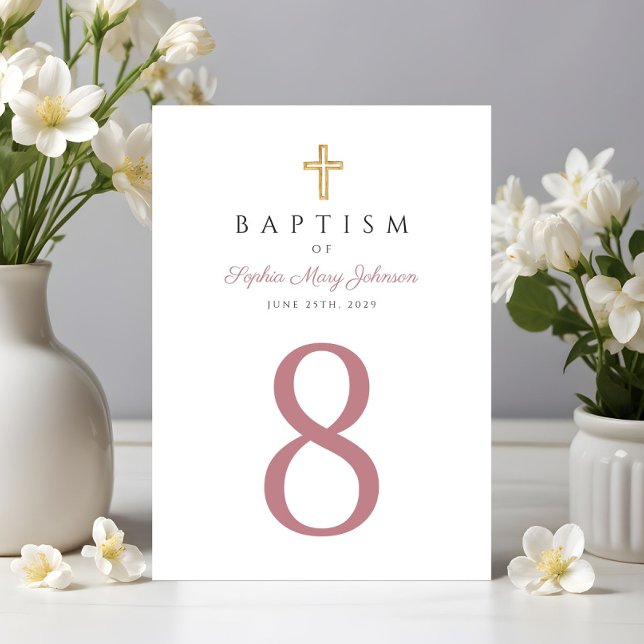 Elegant Rosa Script Religiösa Kor Girl Baptism Bordsnummer (Religious Cross Pink Girl Baptism Table Number)