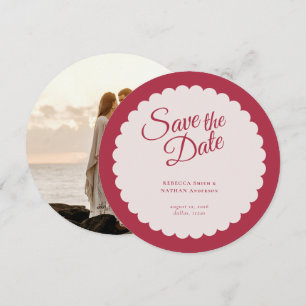 Elegant Rosa Script Scallop Bröllop Photo Spara Datumet
