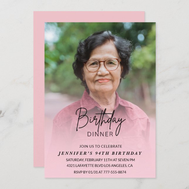Elegant Rosa Shadow Dinner Foto 94:e födelsedagen Inbjudningar (Fram/baksida)