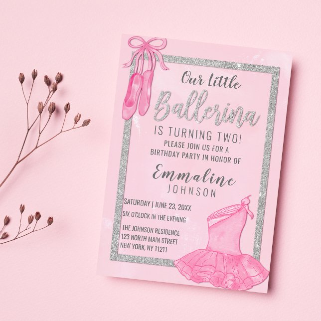 Elegant rosa silver ballerina vattencolor Födelsed Inbjudningar (Elegant pink silver ballerina watercolor Birthday)